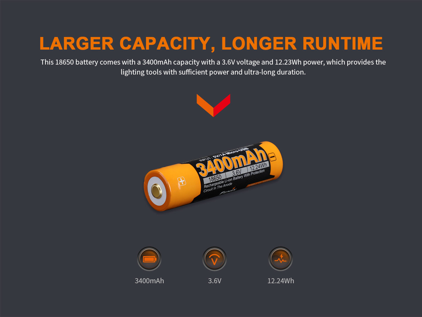 Fenix ARB-L18-3400U 18650 Rechargeable Battery With USB Port for Flashlight, Headlamp & Others
