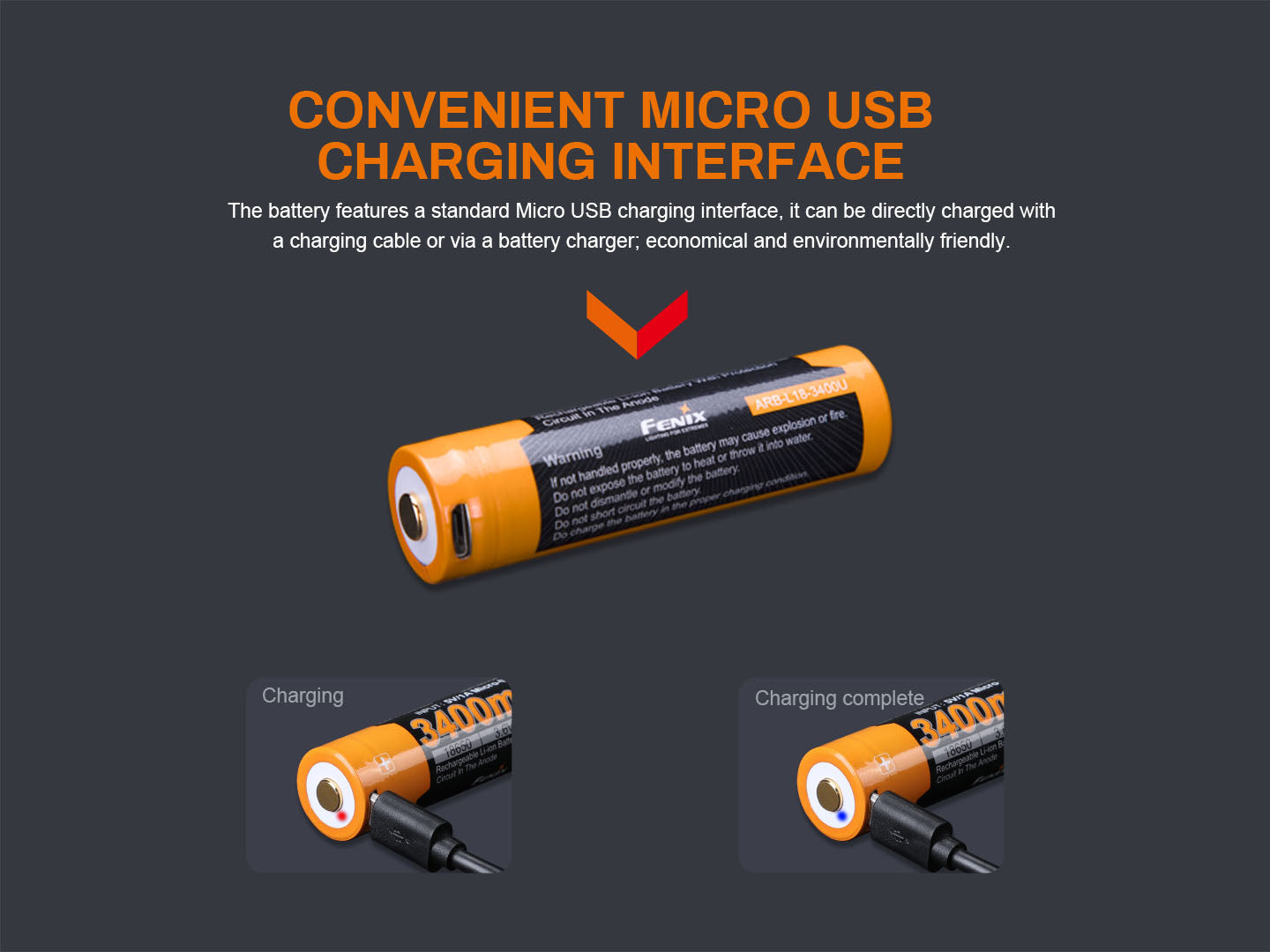 Fenix ARB-L18-3400U 18650 Rechargeable Battery With USB Port for Flashlight, Headlamp & Others