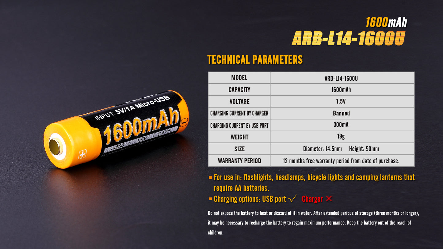 Fenix ARB-L14-1600U 1.5v 14500/AA Rechargeable Battery With Micro-USB Port