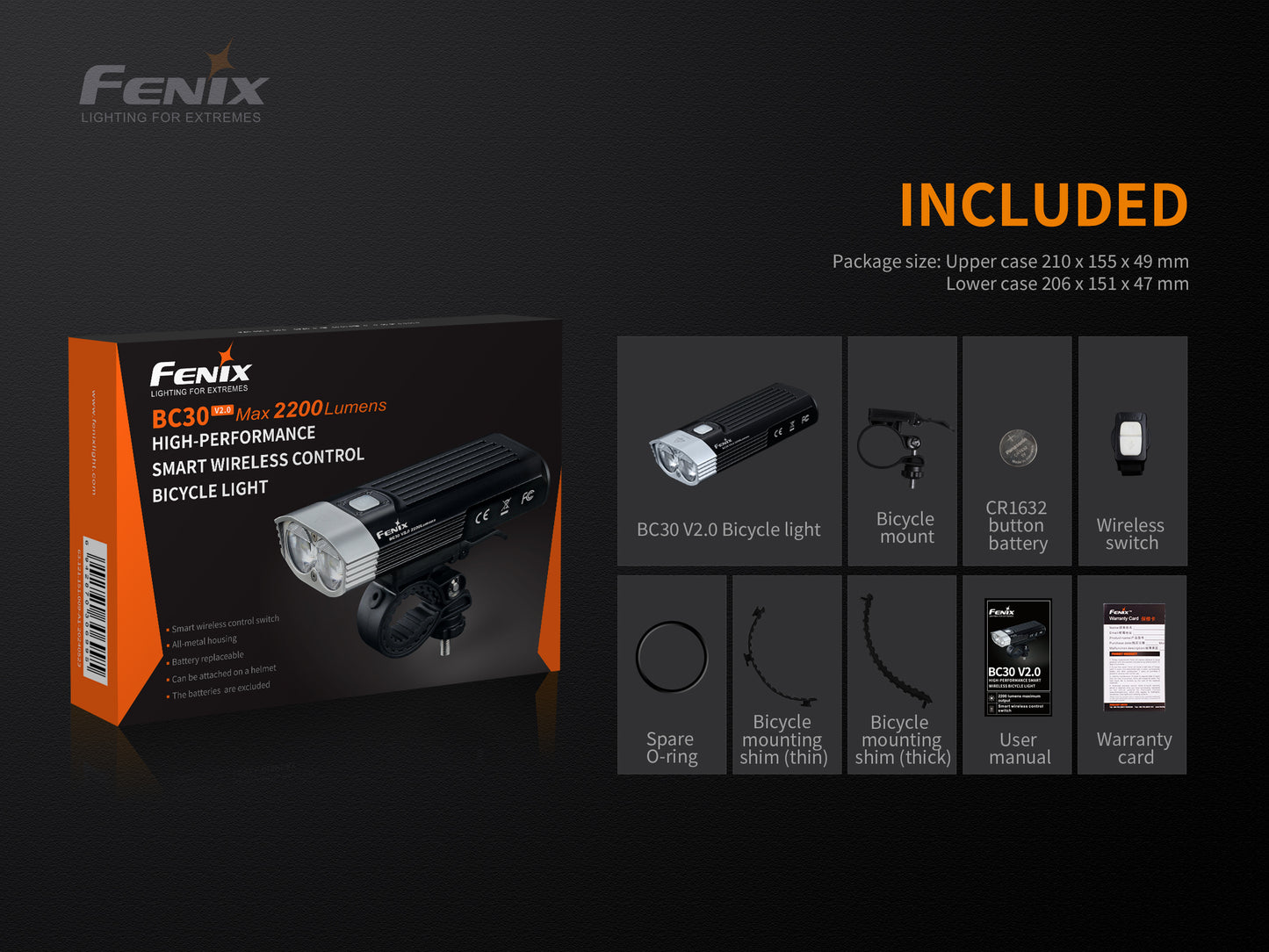 Fenix BC30 V2 Dual Beam Bike Front Light with Wireless Remote - 2,200 Lumens