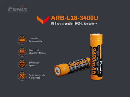 Fenix ARB-L18-3400U 18650 Rechargeable Battery With USB Port for Flashlight, Headlamp & Others