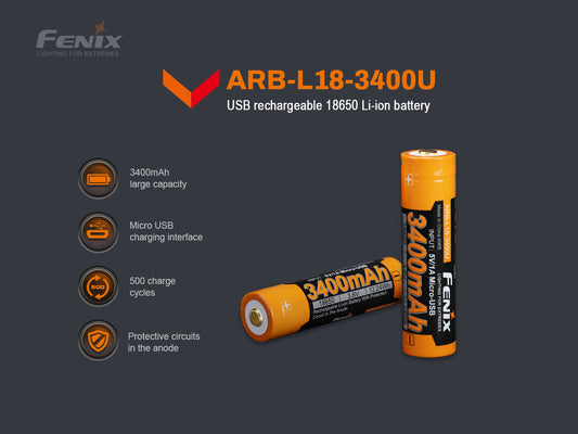 Fenix ARB-L18-3400U 18650 Rechargeable Battery With USB Port for Flashlight, Headlamp & Others