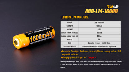 Fenix ARB-L14-1600U 1.5v 14500/AA Rechargeable Battery With Micro-USB Port