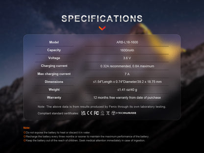 Fenix ARB-L18-1600 18350 Li-ion Rechargeable Battery