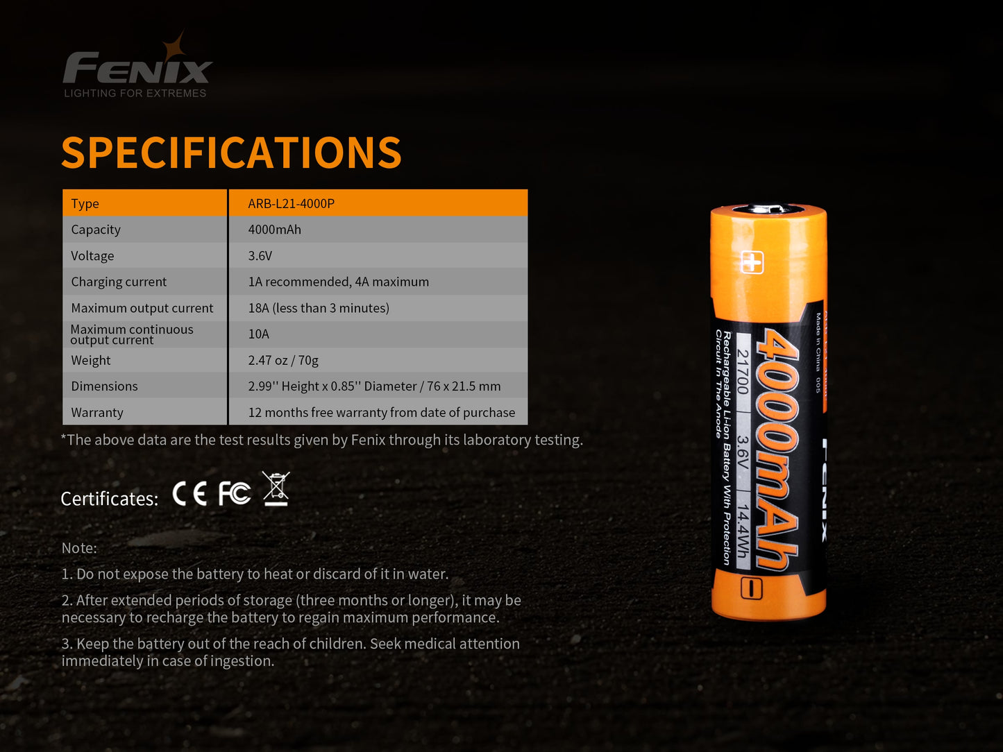 Fenix ARB-L21-4000P 21700 Li-ion Rechargeable Battery