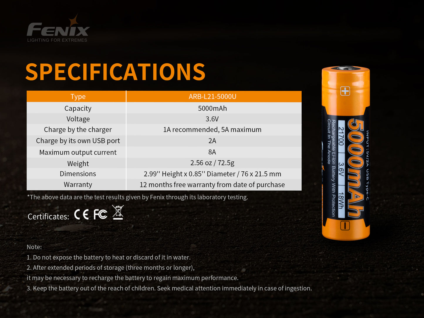 Fenix ARB-L21-5000U 21700 Li-ion Rechargeable Battery