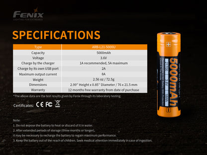 Fenix ARB-L21-5000U 21700 Li-ion Rechargeable Battery