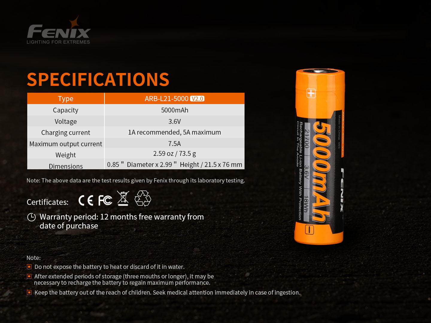 Fenix ARB-L21-5000 V2 21700 Protected Li-ion Rechargeable Battery