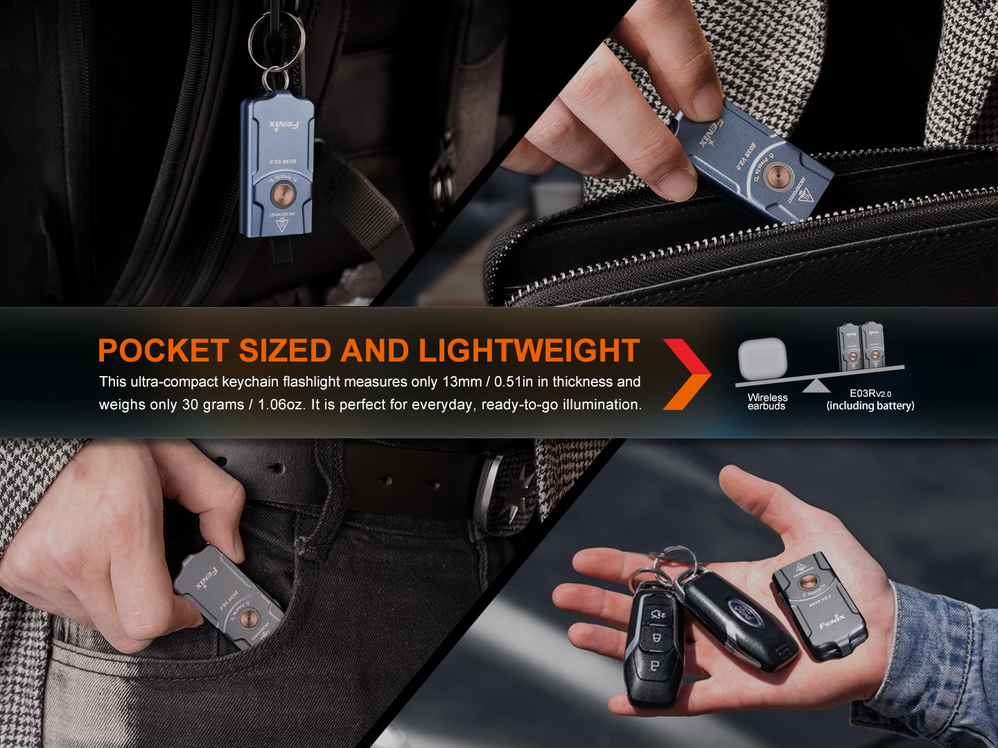 Fenix E03R V2 Dual Light Sources USB-C Rechargeable Keychain Flashlight - 500 Lumens