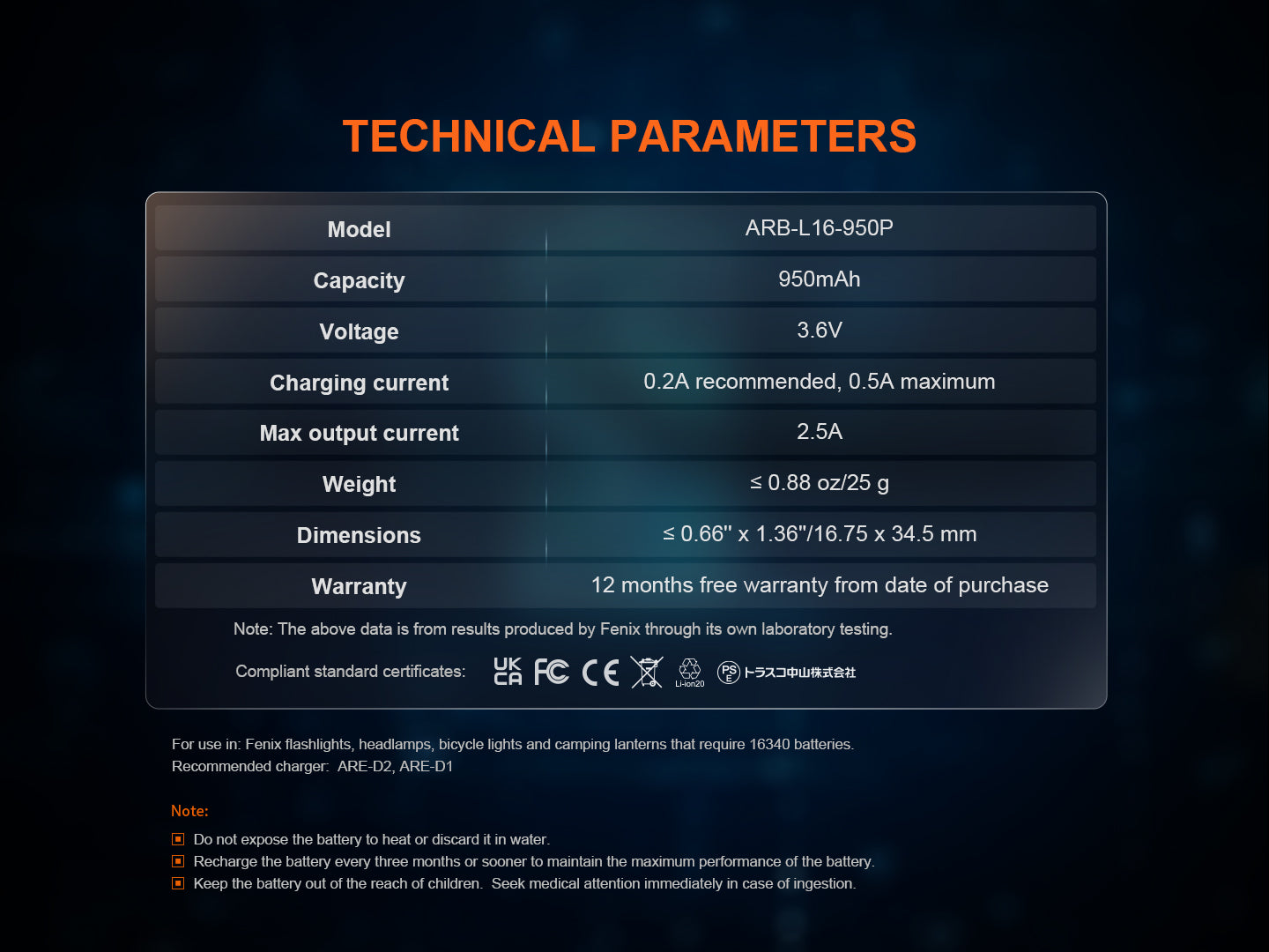 Fenix ARB-L16-950P 16340 High Performance Li-ion Rechargeable Battery