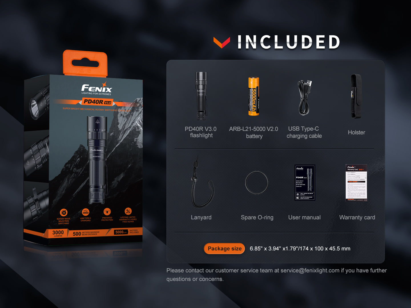 Fenix PD40R V3 USB-C Rechargeable Flashlight  500 Meters Throw - 3,000 Lumens