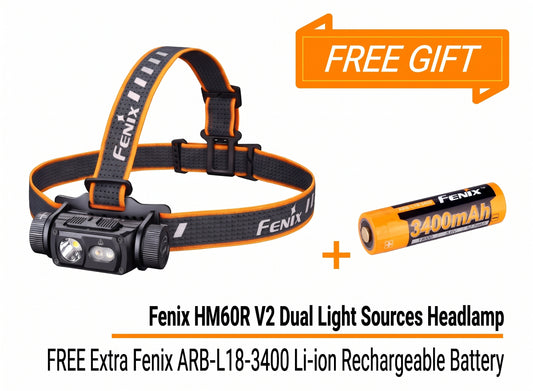 Bundle Deal - Fenix HM60R V2 Dual Light Sources with Spot & Flood Beam + ARB-L18-3400 Li-ion Rechargeable Battery