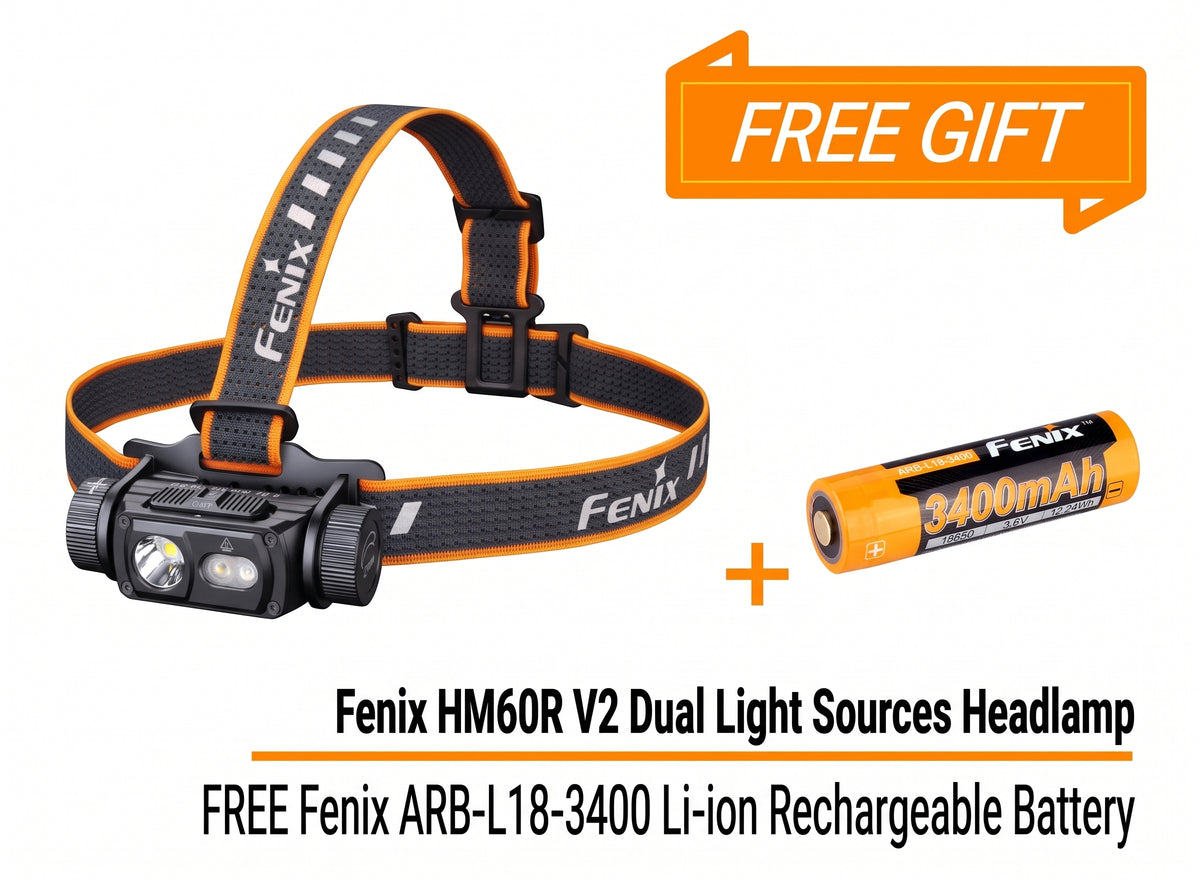 Bundle Deal - Fenix HM60R V2 Dual Light Sources with Spot & Flood Beam + ARB-L18-3400 Li-ion Rechargeable Battery