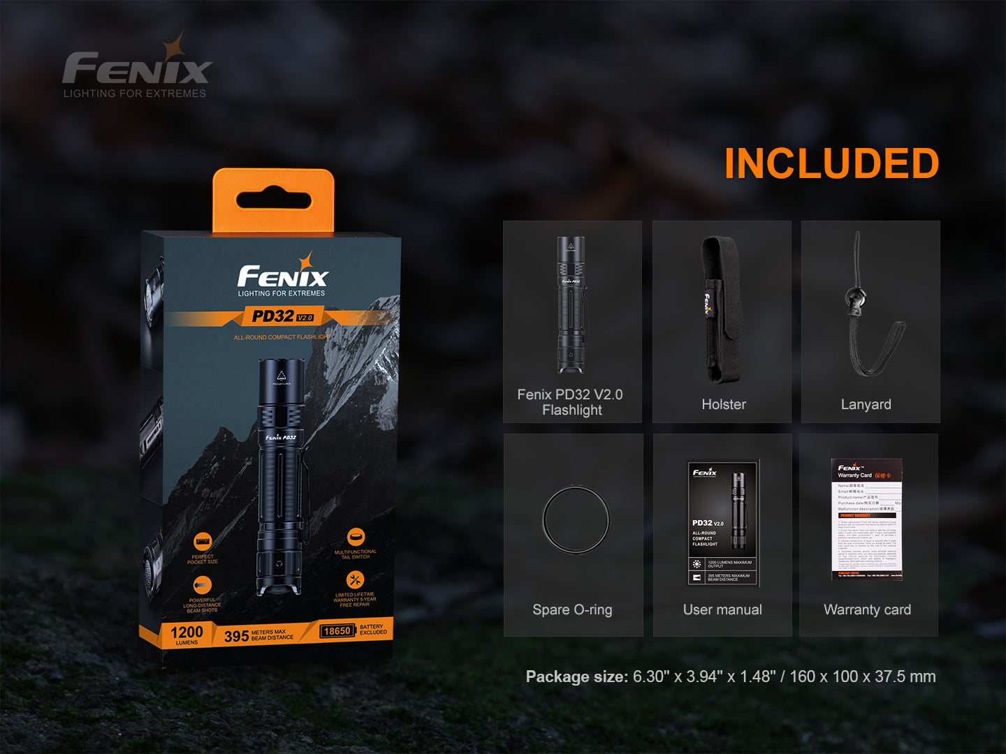 Fenix PD32 V2 Compact Rechargeable Flashlight 395 Meters - 1,200 Lumens