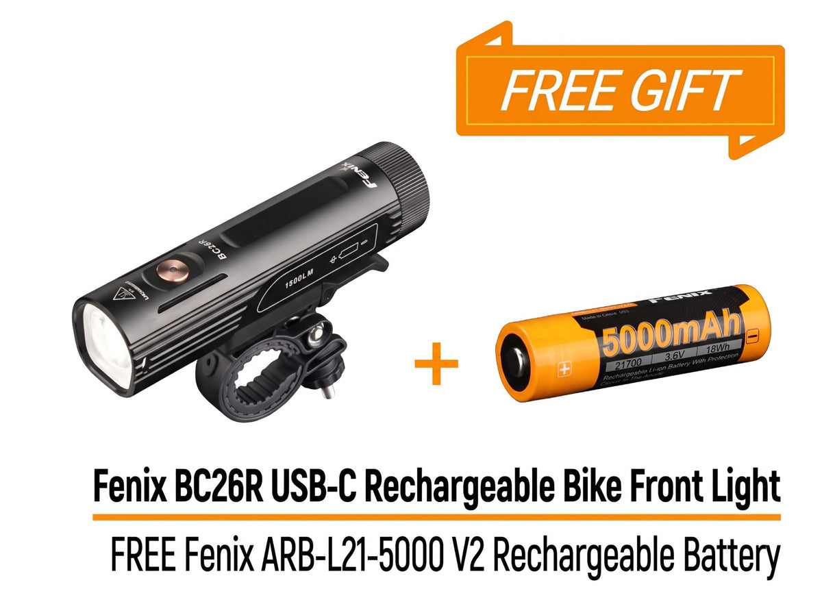 Bundle Deal - Fenix BC26R USB-C Rechargeable Bike Front Light + ARB-L21-5000 V2 Rechargeable Battery